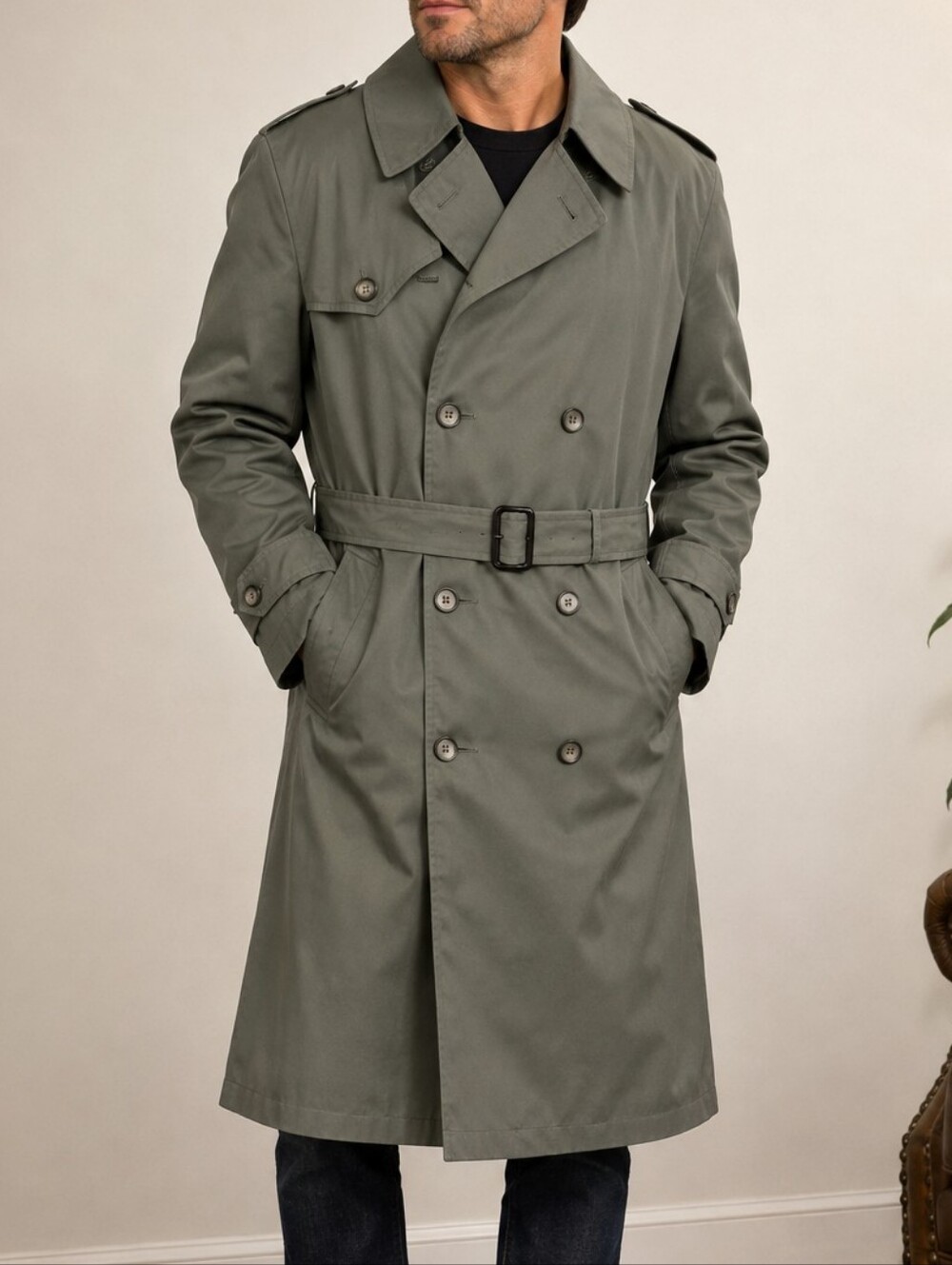 Vintage Botany 500 Trench Coat Men's 38R Olive Green Faux Fur Lined USA